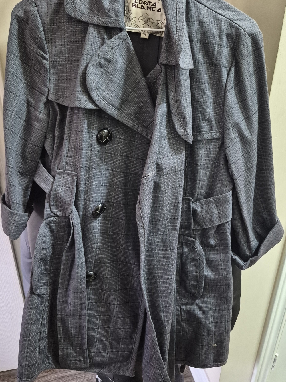 Costa Blanca Grey Plaid Belted Trench Coat – Size 8